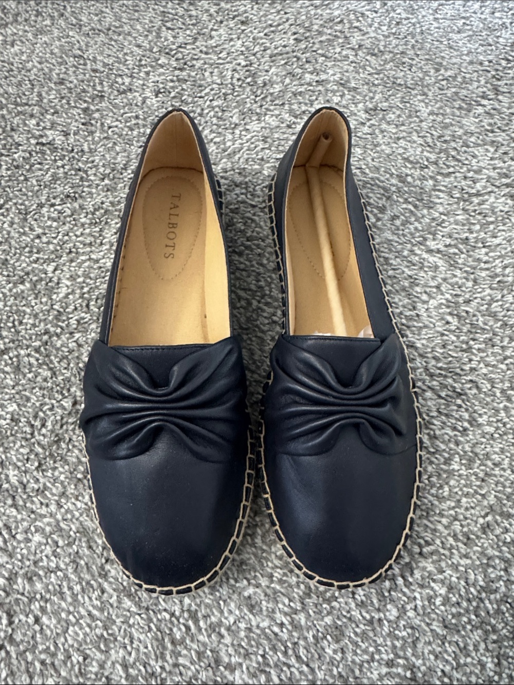 Talbots Navy Blue Knotted Leather Espadrille-Trim Flats